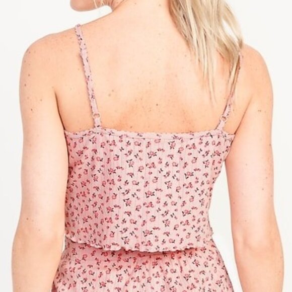 Old Navy Pointelle Henley Tank Top Cropped Cami Pajama Sleeveless Pink Floral - Picture 2 of 6